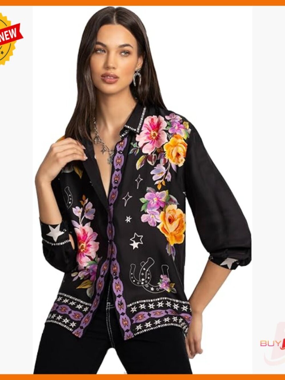 Silk Blend Button Down Blouse Floral Print Long Sleeve Office Wear